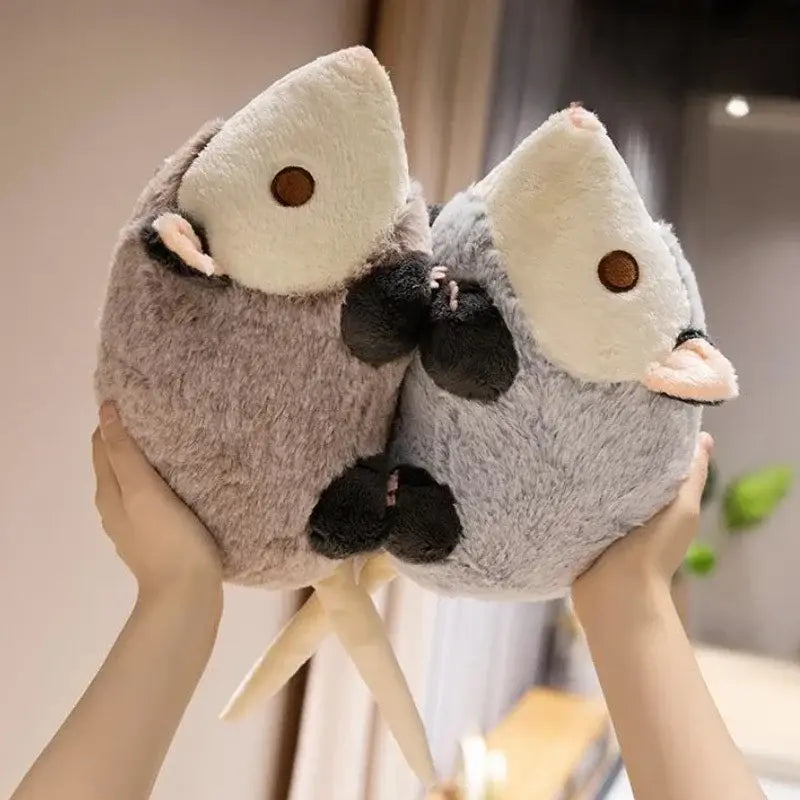 30cm soft plush opossum stuffed animal foot warmers in gray with white faces brown button eyes and pink inner ears.