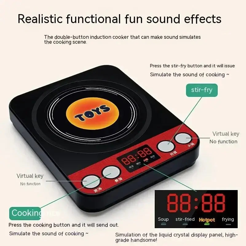 Induktionsherd-Spielzeug aus Schwarz und Rot mit kreisförmiger Kochfläche und orangefarbenem Spielzeug-Logo, digitale Anzeigeeinheit mit Zeitanzeige in roten LED-Ziffern sowie zwei Tasten mit der Beschriftung Rührbraten und Suppe, aus dem Set für Küchenzubehör zum Spielen, Kochspielzeug für Kinder.