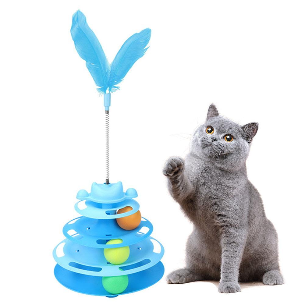 Blue feathered cat toy with tiered plastic base and colorful roller balls in a 4-level interactive cat toy tower for pet entertainment.