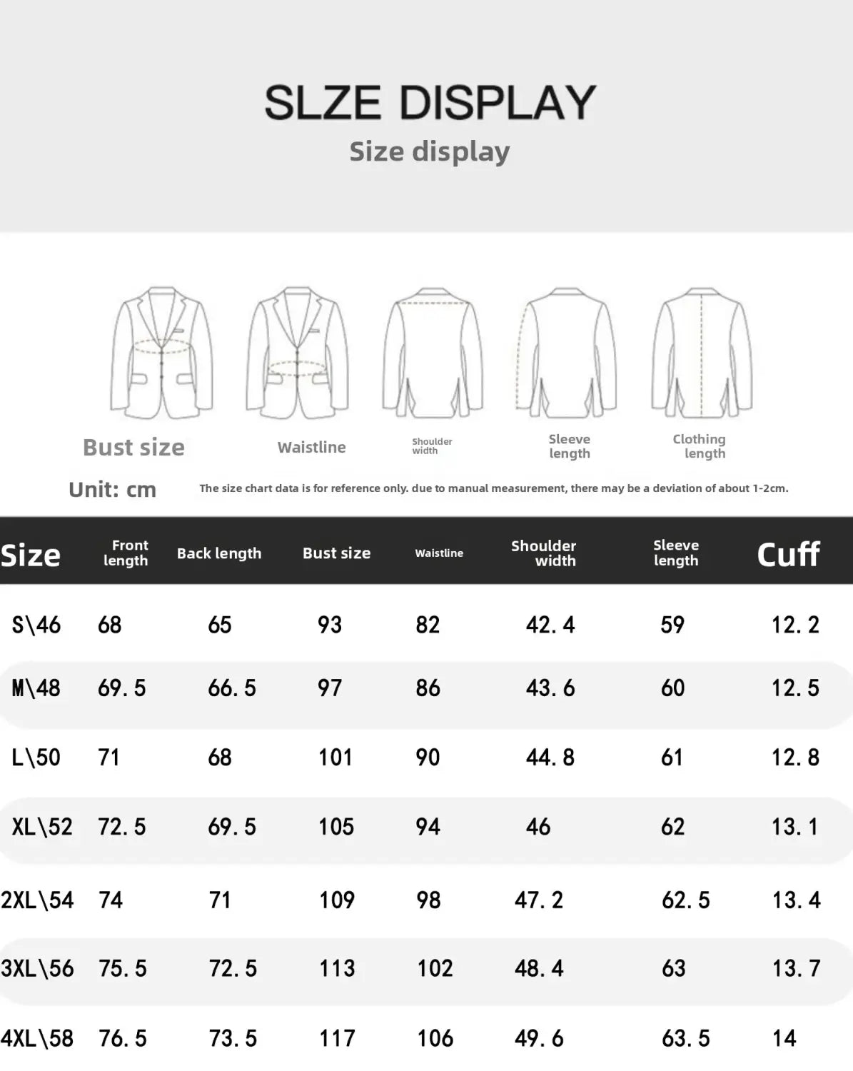 Tableau des tailles pour le costume d’affaires pour homme slim fit en ensemble trois pièces, blazer présentant des mesures en centimètres pour les tailles allant de S à XL, adapté aux occasions d’affaires décontractées, aux soirées et à la mode masculine.