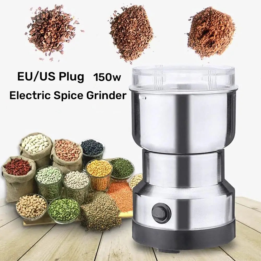 Stainless steel electric coffee and spice grinder blade mill with a clear plastic lid and black base.
