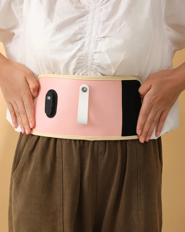 Tragbarer USB-Babyflaschenwärmer-Elektrowaistbelt in Pink und Schwarz mit beigem Rand, mit Bedienfeld und verstellbarem Riemen