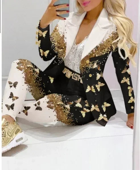 2026 Women Formal Jacket & Trousers Office Lady Outfits Autumn Women Two Pieces Set Print Blazer Coat & Pants Suit Sets Female