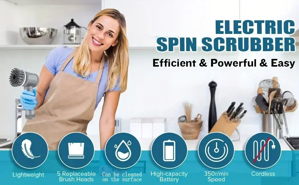 Silver cordless electric spin scrubber with a handheld design and five replaceable brush heads shown from a front angle.