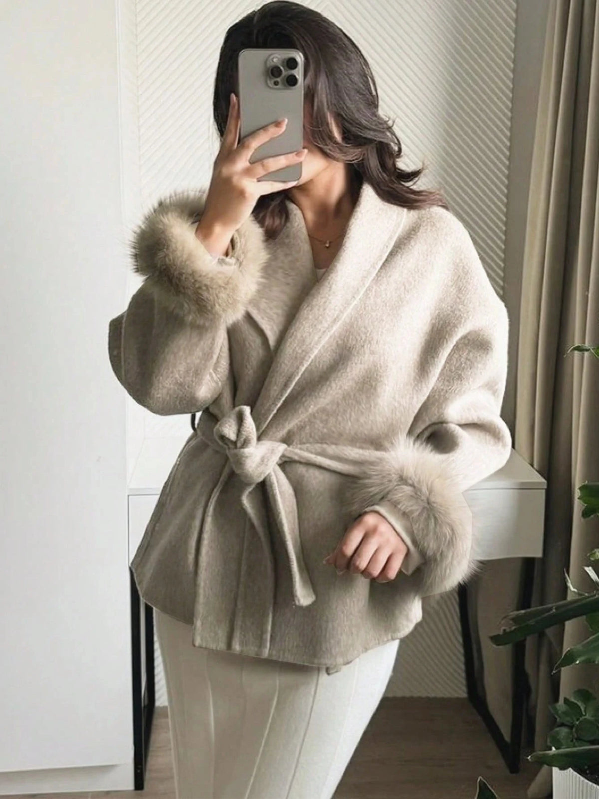 Women Winter Wrap Coat Wool Blend Belted Faux Fur Cuff Beige 2026 New Elegant Old Money Office Outerwear