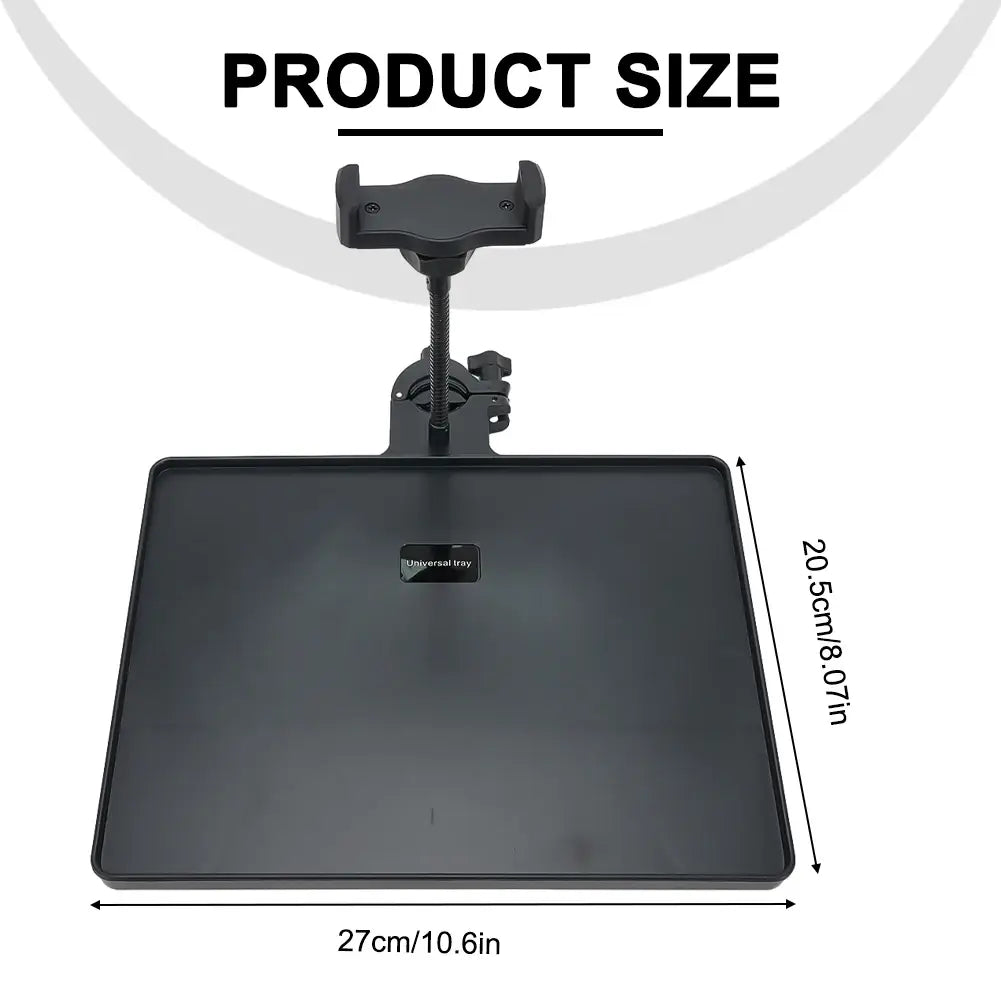 Plateau de support de microphone en plastique noir, avec serrage réglable et bras flexible, comprenant un support pour téléphone pour un usage polyvalent.