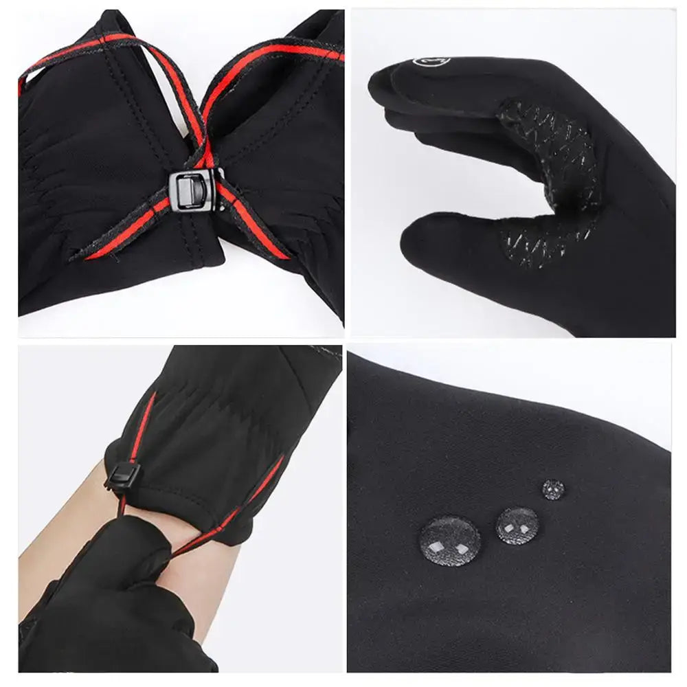 Gants d’hiver chauffants USB noirs pour femmes, avec fonctionnalité écran tactile, bordure rouge et fermeture à boucle, présentés de l’arrière