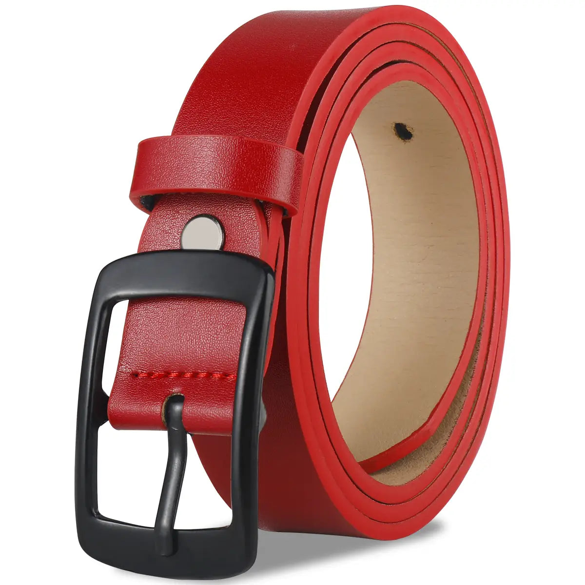 Ceinture pour femmes de marque en cuir rouge, avec boucle à goupille rectangulaire noire.