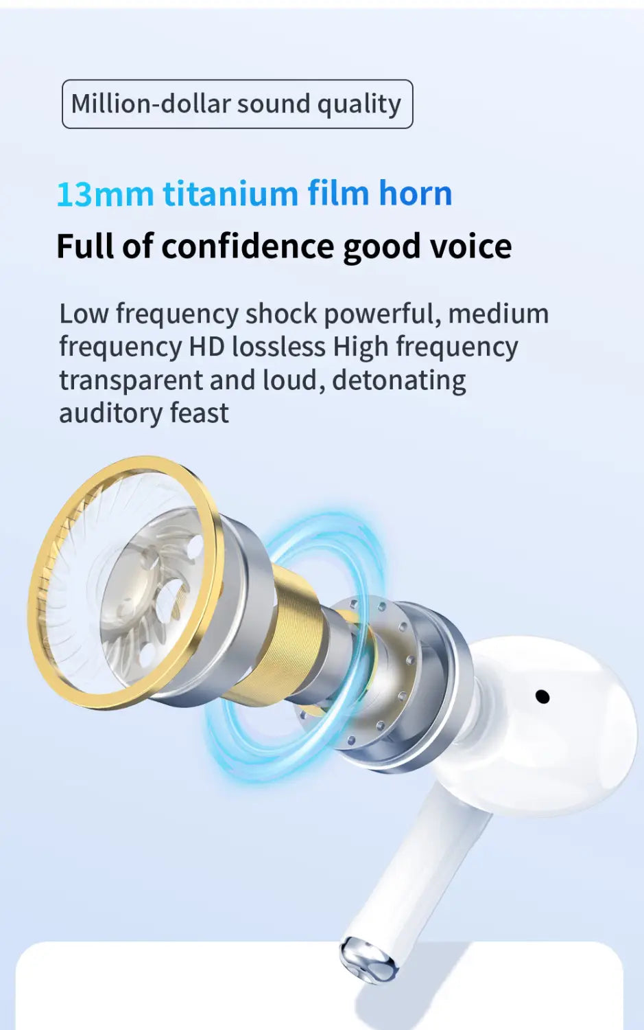 White true wireless Bluetooth earphone with 13mm titanium film horn and gold accents designed for hifi noise reduction.