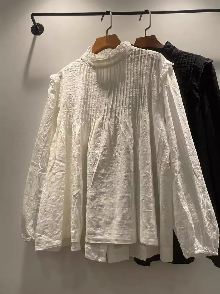 Women's stylish blouses elegant and chic long sleeve blouses for women autumn stand collar white black shirts ladies tops