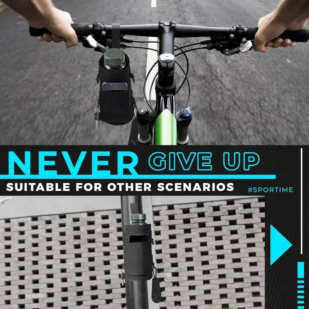 Sangle porte-bouteille d’eau de sport magnétique noire montée sur le guidon d’un vélo, tenant une bouteille d’eau et un téléphone