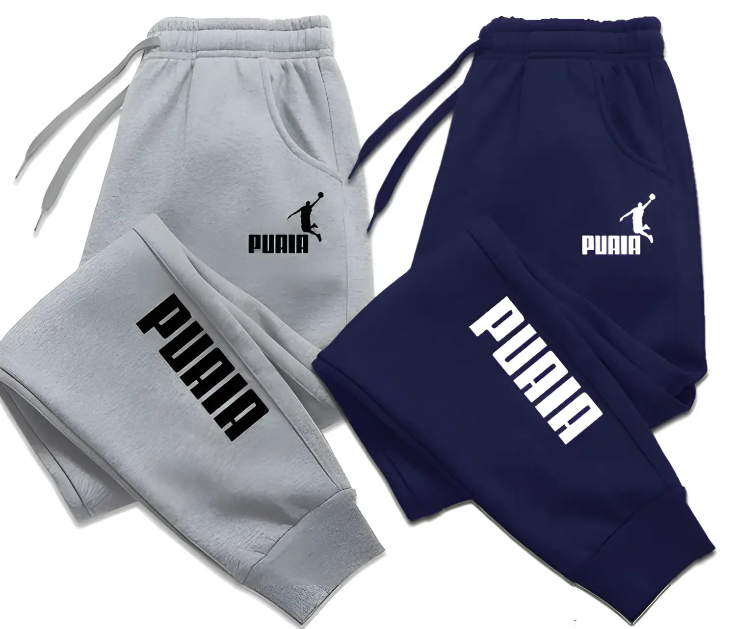 Joggers impresos de hombre estilo casual streetwear, sudaderas tipo pantalón en color gris y azul marino, con logotipo de Puma en negrita en la pierna.