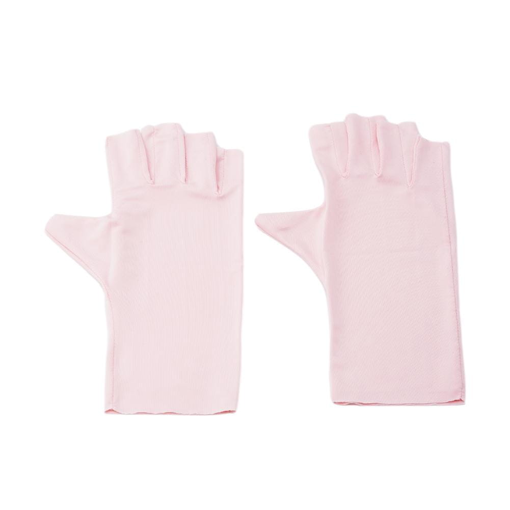 A pair of soft pink fingerless sunscreen driving gloves made from smooth stretchy fabric.