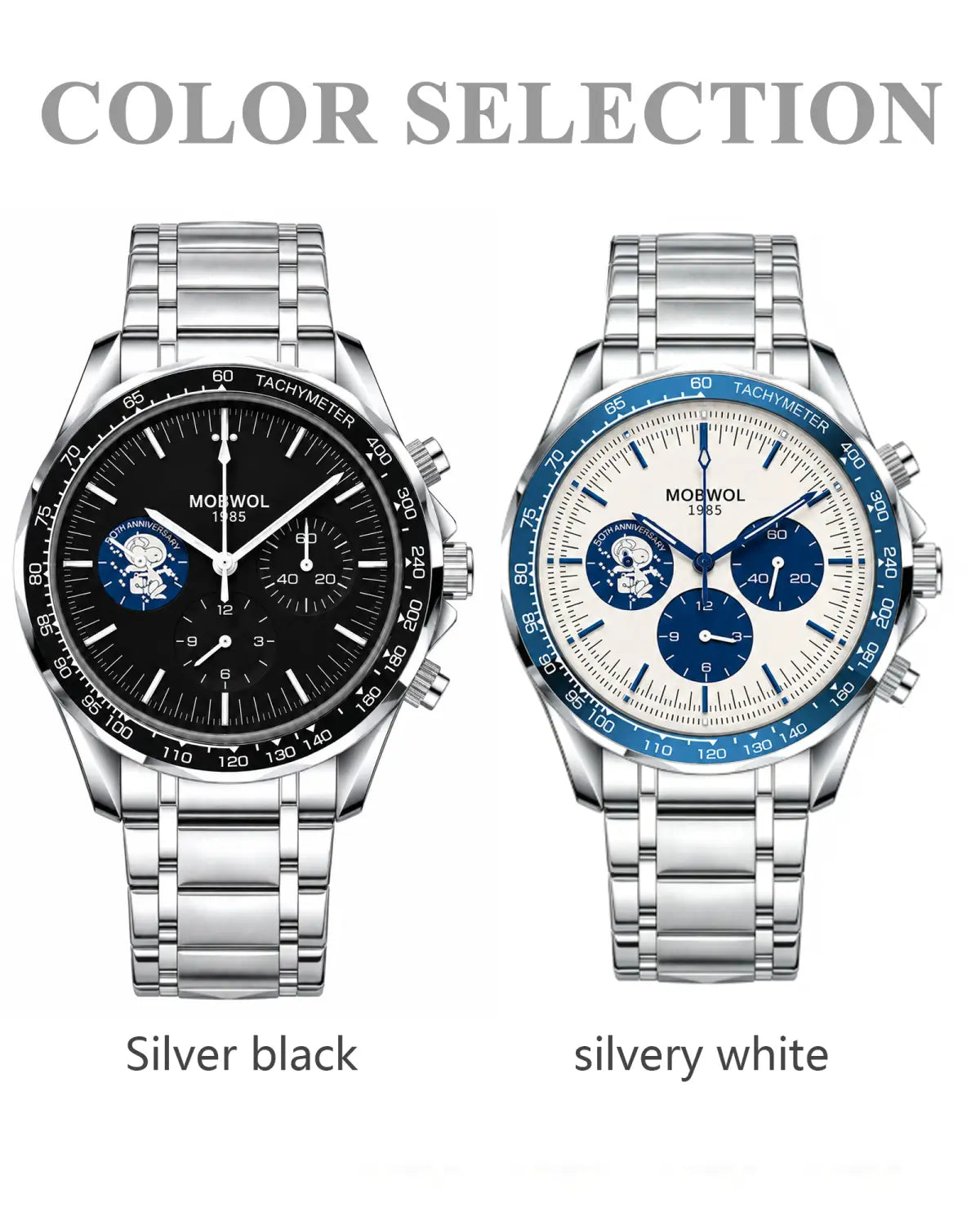 Zwei mobwol 1985 Herren-Silber-Chronograph-Quarzarmbanduhren mit Edelstahlarmbändern, eine mit schwarzem Zifferblatt mit blauen Akzenten und die andere mit weißem Zifferblatt und blauer Lünette.