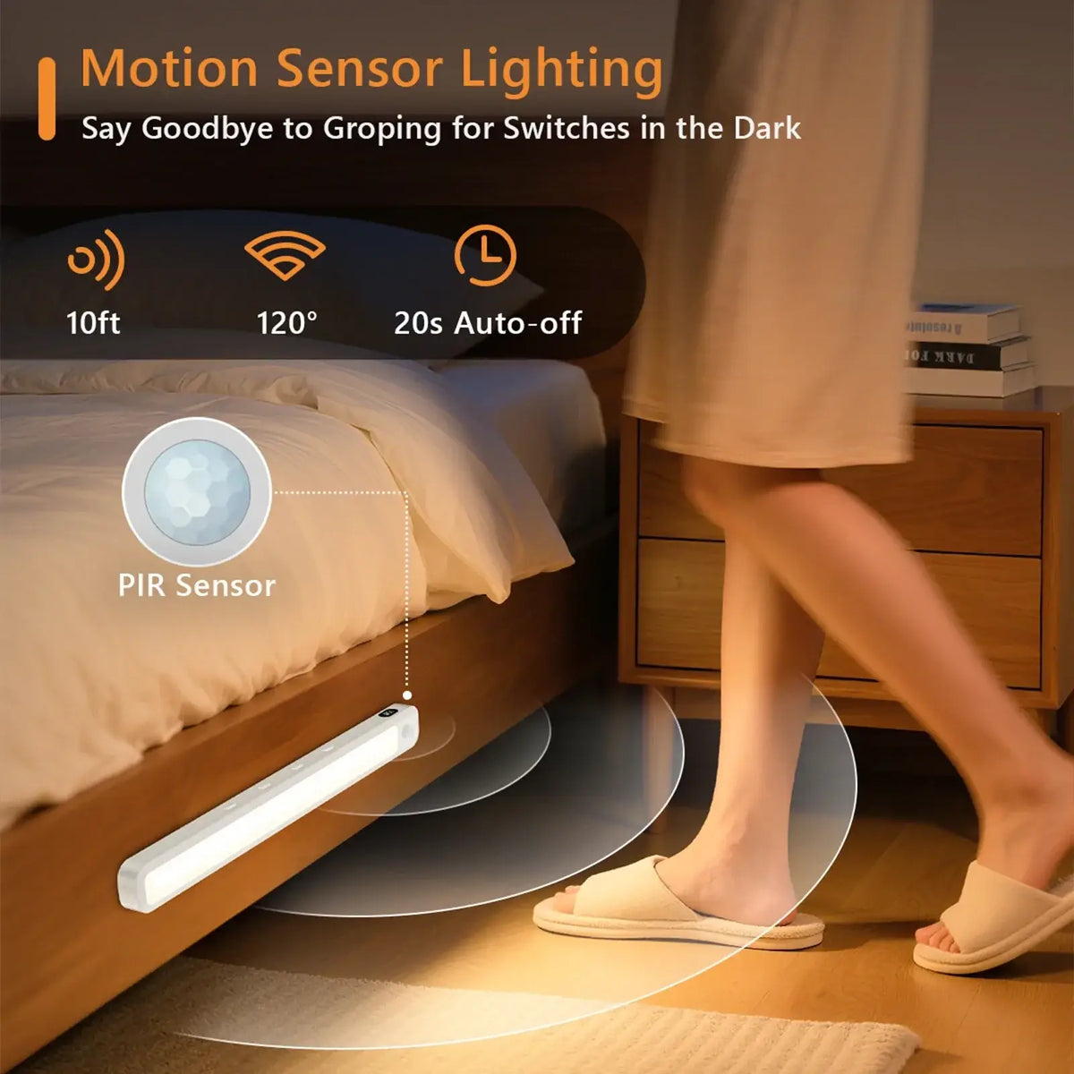 White led motion sensor light bar with pir sensor shown from front for bedside use with dimmable led bulbs