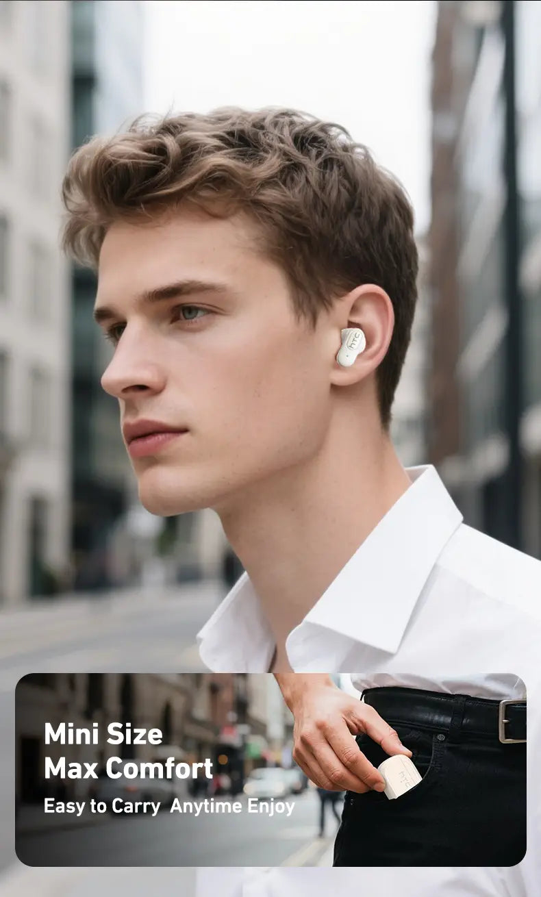 クリアな音質と快適な装着性のための高度なBluetoothバージョンを備えた、洗練されたミニマルデザインのホワイトのHTC Ne51 BluetoothワイヤレスTWSイヤホン。