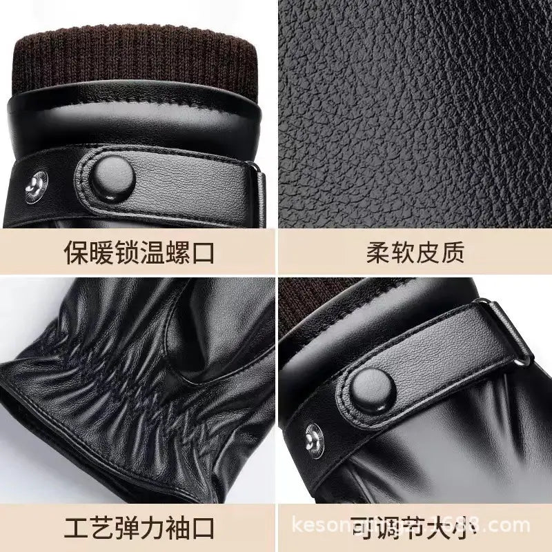 Men winter touch screen leather gloves in black with a knitted brown cuff and adjustable strap shown from the back side.