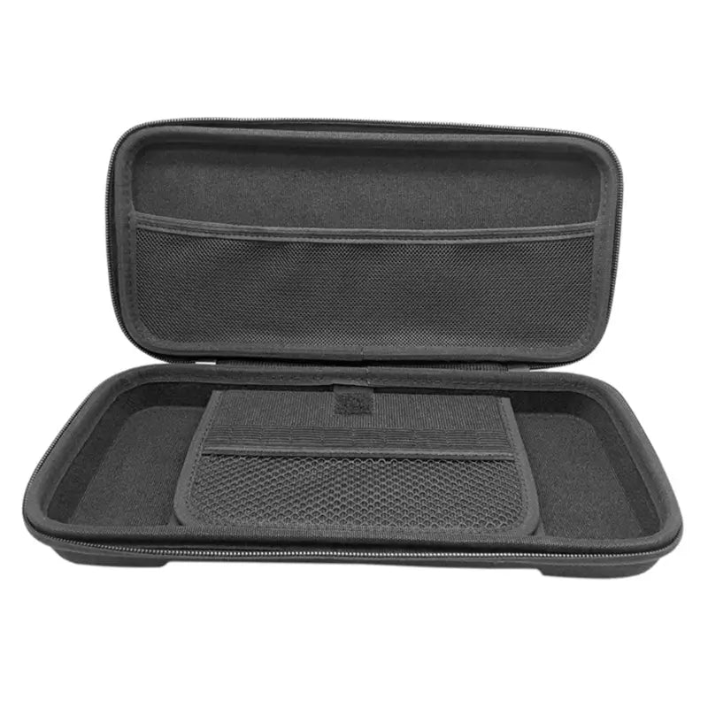 Black hard-shell storage bag for Asus Rog Ally Eva with mesh compartments and padded interior for enhanced device protection.