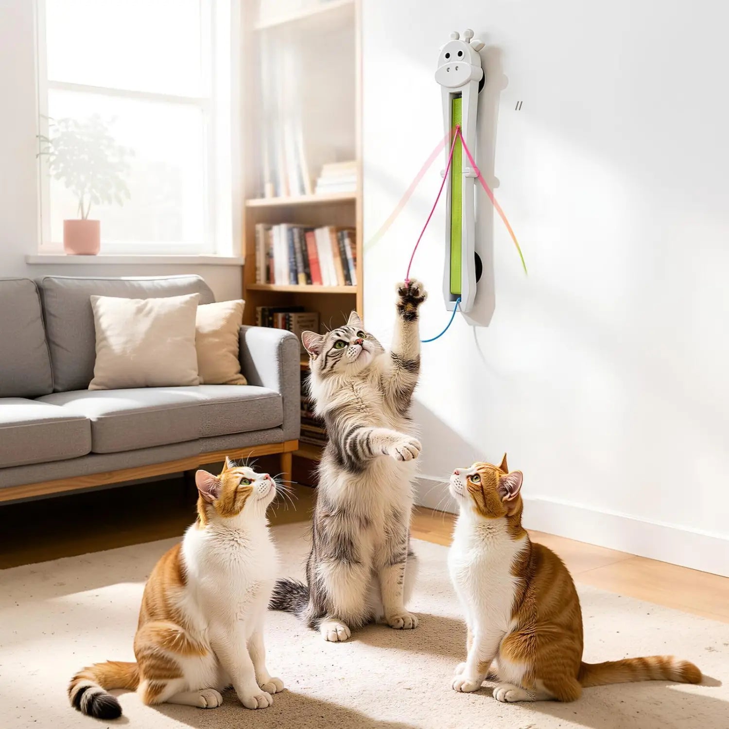 カラフルなリボンを備えた、白いキリンの形の壁掛け式電動猫のおもちゃティーザーで、インタラクティブな遊びに適した玩具。