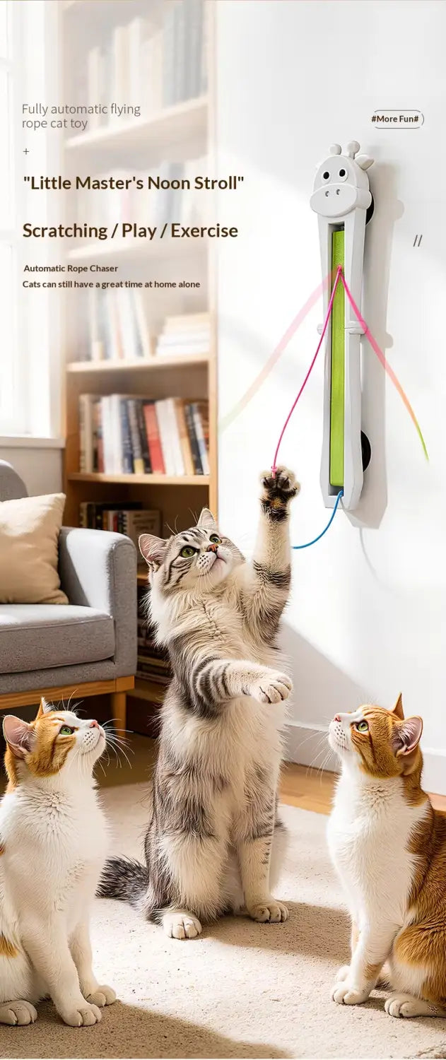 White and green automatic interactive cat toy wall mounted giraffe with colorful dangling strings for engaging play.