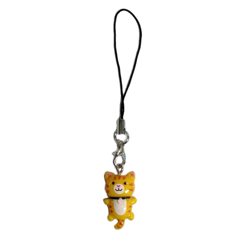 A cute cat phone charm strap featuring a cheerful orange tabby cat with a white belly and black collar attached to a silver metal clasp and black cord.