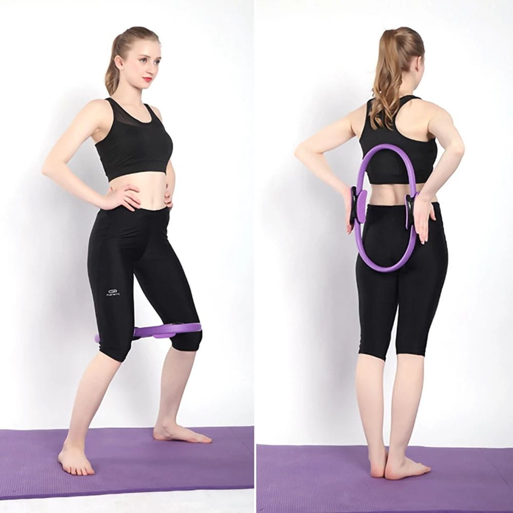 purple resistance band with a matching purple ring designed for fitness and core strengthening exercises in pilates ring fitness magic circle yoga equipment