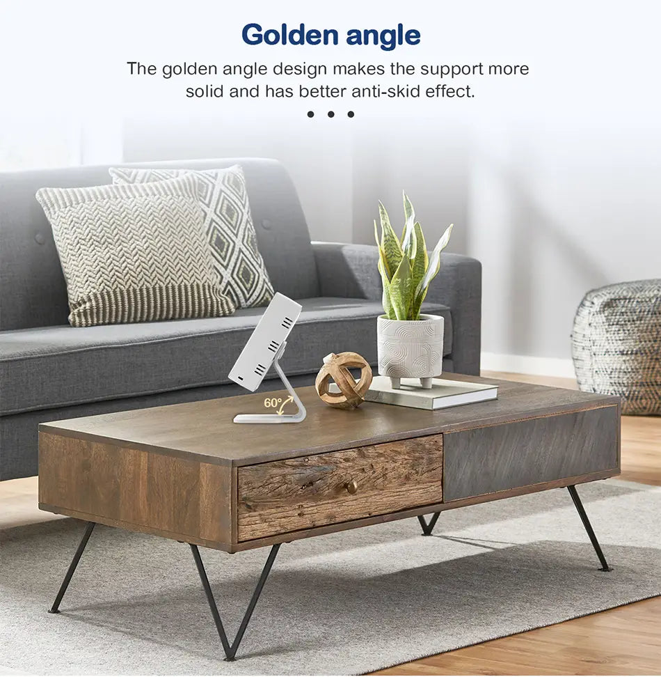 Heimschalter-Tischhalterung für Thermostate und Uhren mit einem modernen Couchtisch-Design mit geschichteter Holzschublade und dunklen Metallbeinen im Stil eines goldenen Winkels.