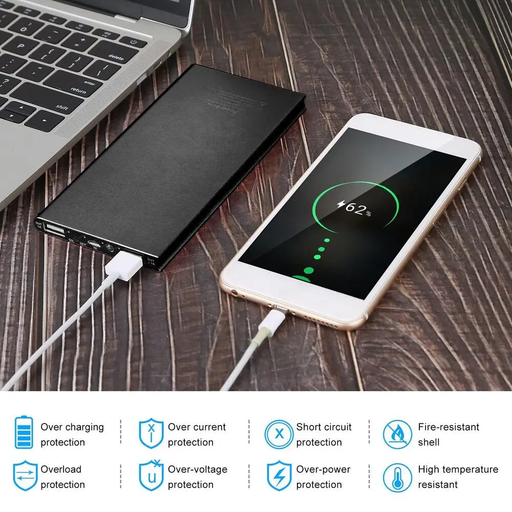 Banco de energía portátil negro rectangular de 20000 mAh con múltiples puertos USB y un diseño minimalista elegante para prendas térmicas.