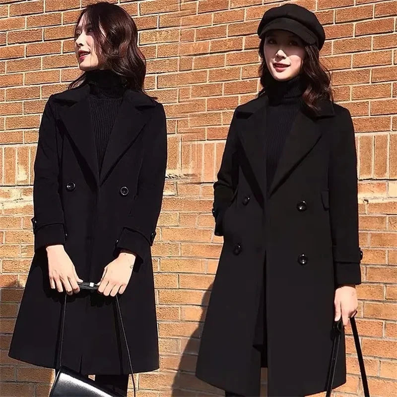 Women Autumn Winter Black Woolen Coat Female Suit Collar Korean Fashion Wool Blend Overcoat Mid Length Add Cotton Warm Jacket