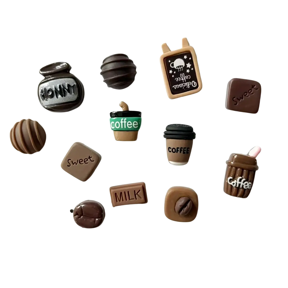 12pcs mini coffee creative refrigerator magnets in chocolate-themed shapes including coffee cups honey jar and bars