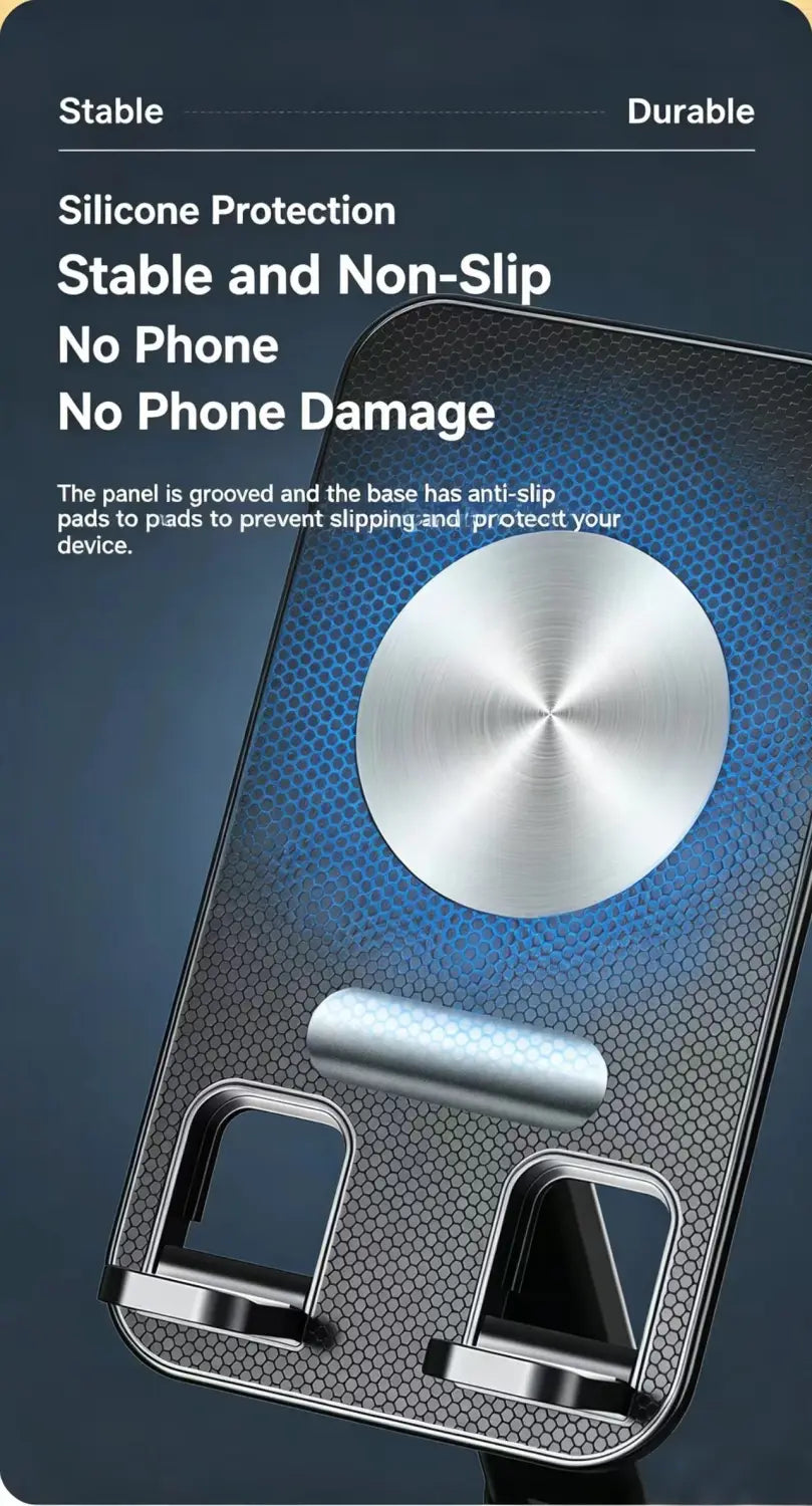 Silver magnetic phone stand with a textured hexagonal base and sleek circular magnet center featuring a built-in Bluetooth speaker and power bank.