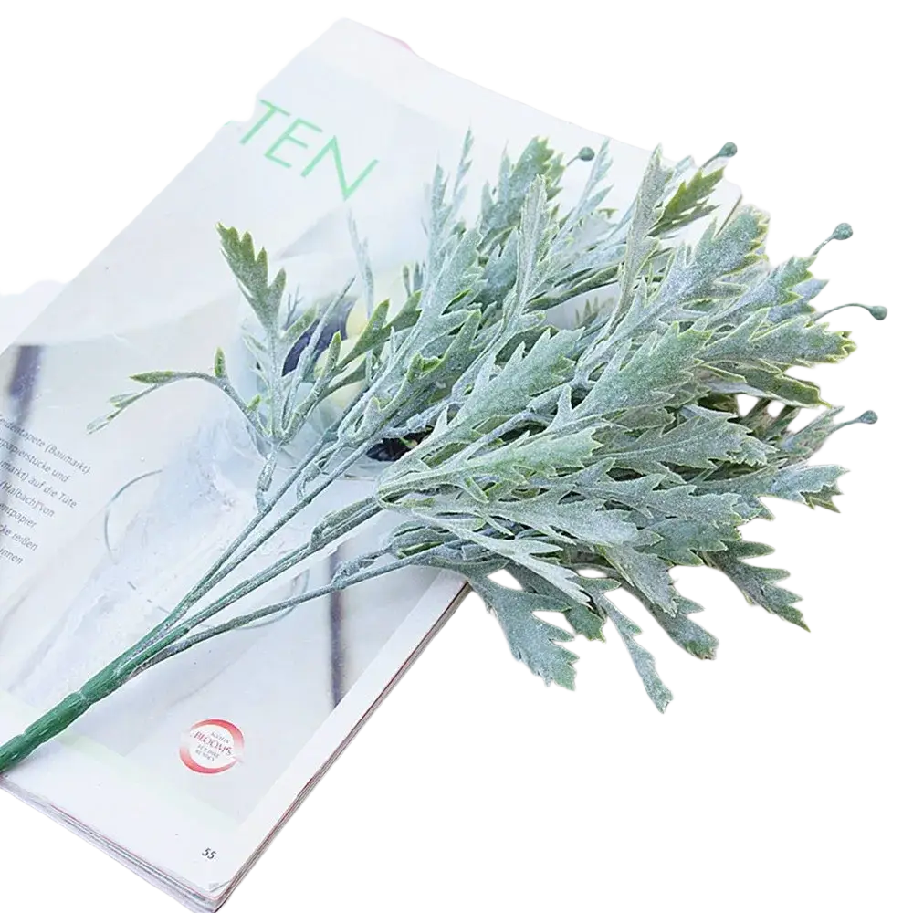 Frosty green chrysanthemum leaf artificial plant with feathery serrated leaves for home wall vase and send flowers decor