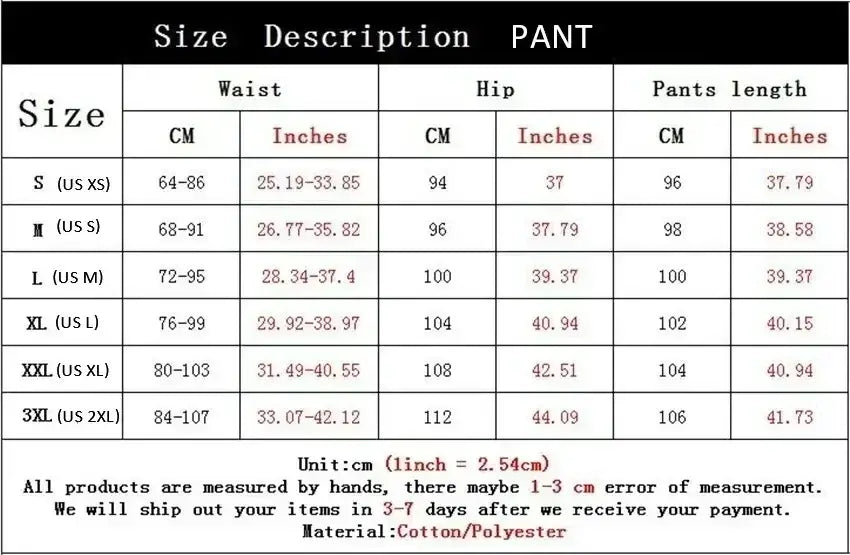 pantalones tipo jogger de forro polar para hombre, ligeros para el entrenamiento; sudaderas de tejido de algodón y poliéster; tabla de tallas con medidas de cintura, cadera y largo en centímetros y pulgadas para las tallas de s a 3xl