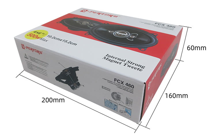 Rot-weiße Box für Perion FCX 460 4x6-Autolautsprecher mit 500 W Koaxialaudio, mit schwarzer Lautsprecher-Grafik auf der Vorderseite.