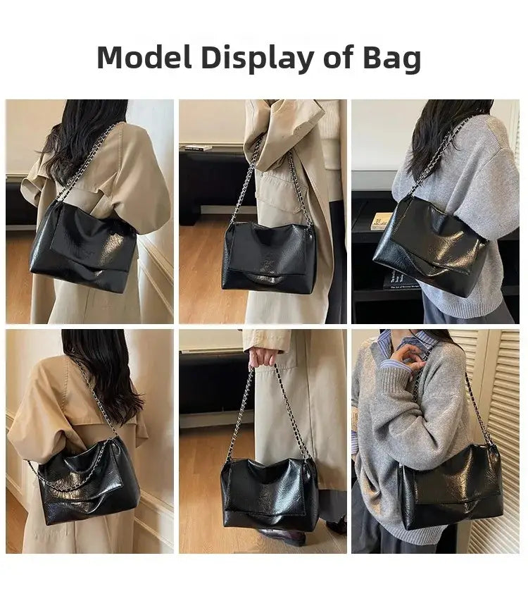 Bolso bandolera tipo crossbody negro de cuero sintético brillante con correa de cadena y gran capacidad, confeccionado en piel PU.