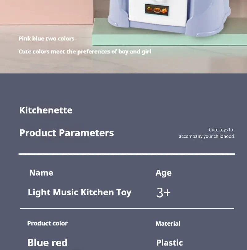 Kinder-Küchenspielset mit Licht- und Soundeffekten mit einem blauen und roten Kunststoff-Licht-Musik-Spielzeug, das für interaktives Küchen-Rollenspiel konzipiert ist.