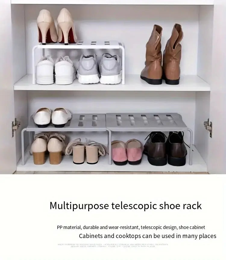 Gris porte-chaussures télescopique polyvalent en plastique PP durable et résistant à l’usure, avec étagères réglables pour organiser différents types de chaussures.