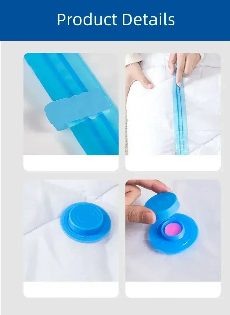 blue plastic vacuum bag for clothes vacuum with a snap-on lid and pink valve designed for use with a pump