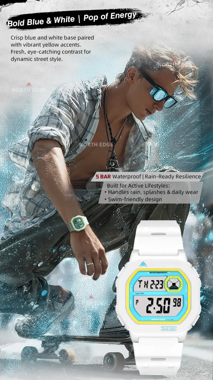White North Edge digital watch with bold blue and yellow accents made of ABS plastic featuring a sporty design, battery included, and 50m waterproof functionality.