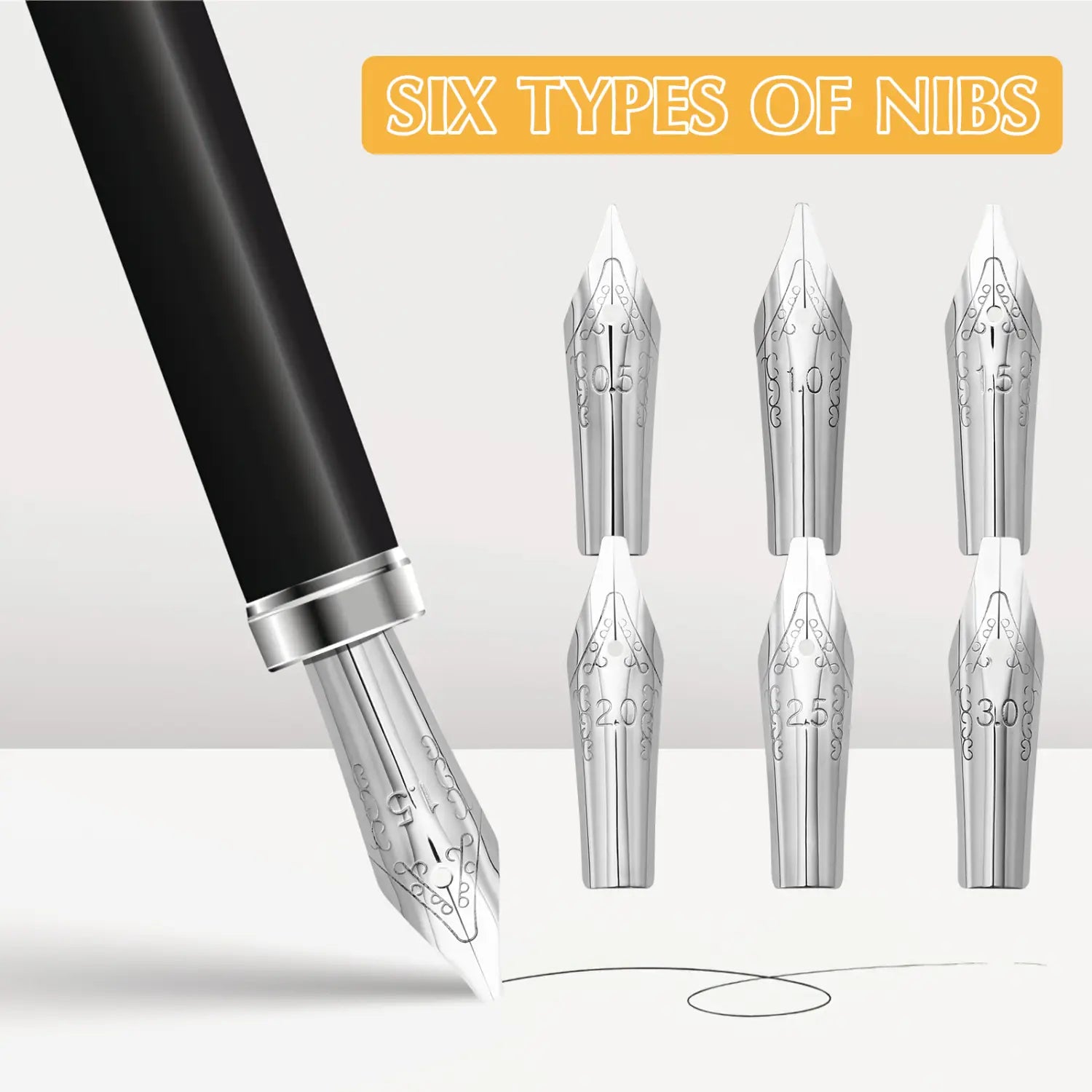 silver stainless steel fountain pen nib set with engraved markings and varying tip sizes displayed alongside a black pen barrel