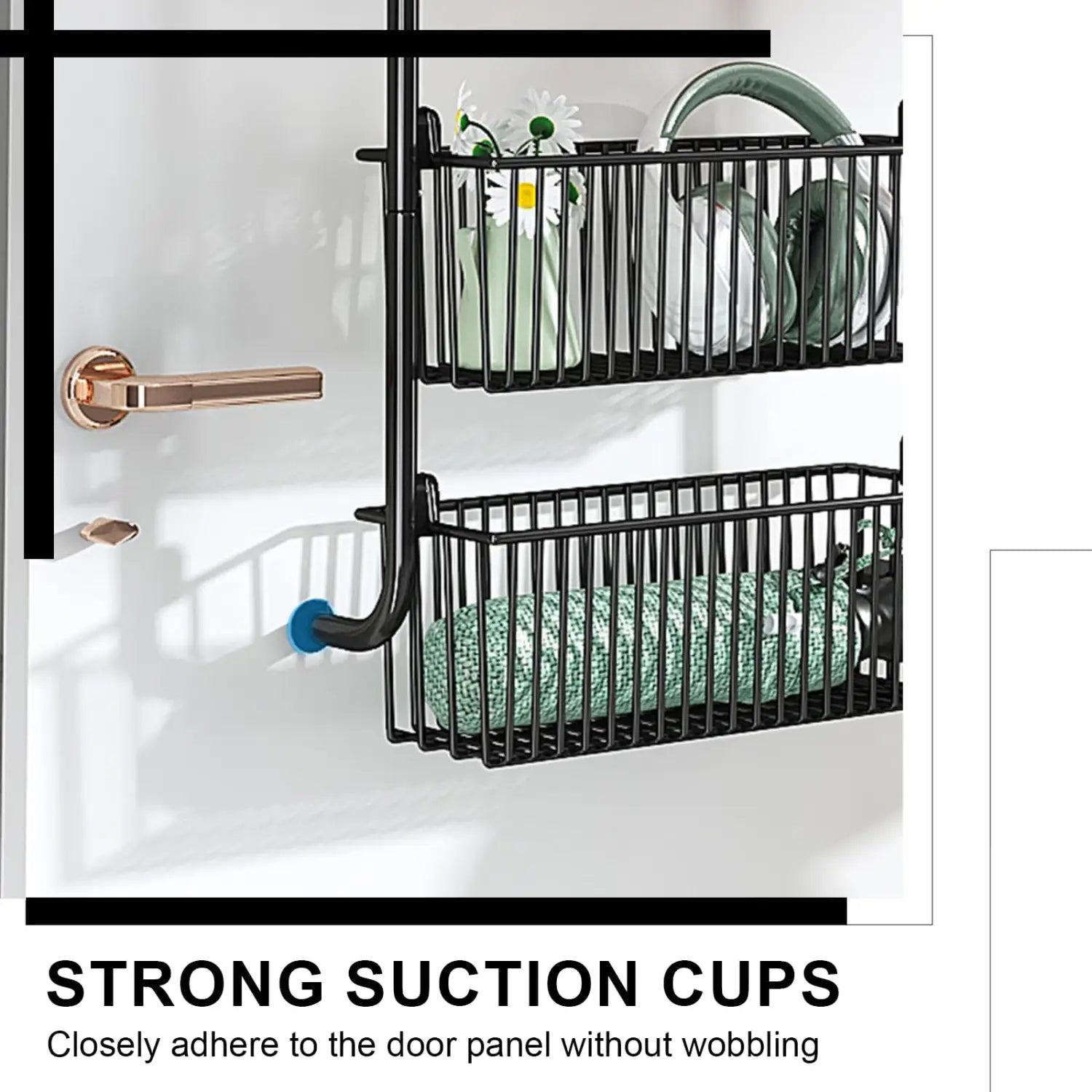Support en treillis métallique noir avec deux niveaux et ventouses pour un montage sur la porte, idéal pour les applications d’organisateur de porte en métal et de rangement suspendu sur la porte.