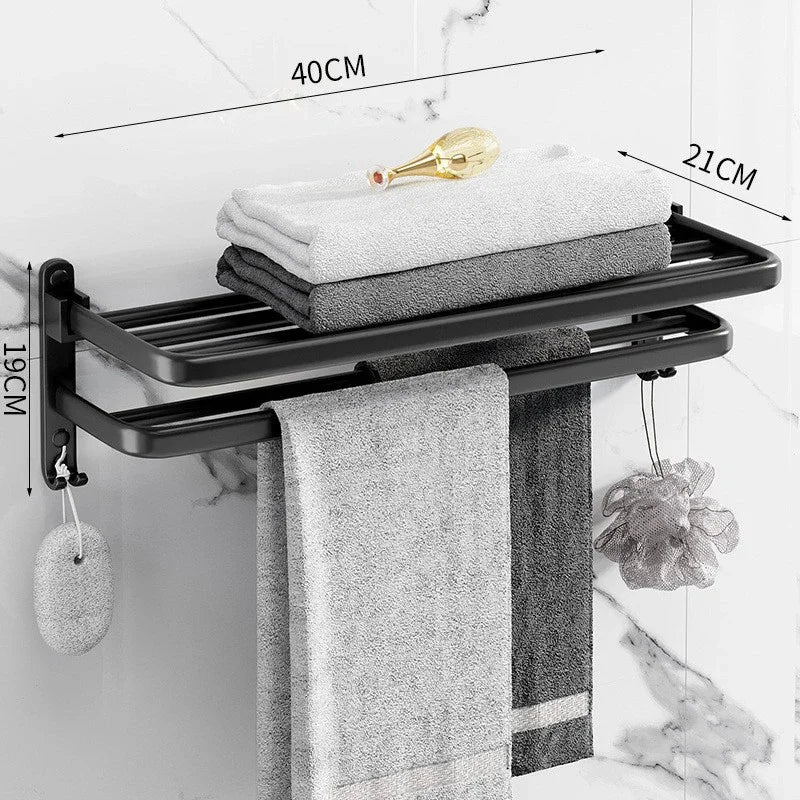 Towel Rack 40-60CM Bathroom Accessories Black Aluminum Wall Mounted Towel Shelf Organizer Folding Holder With Hook Shower Hanger