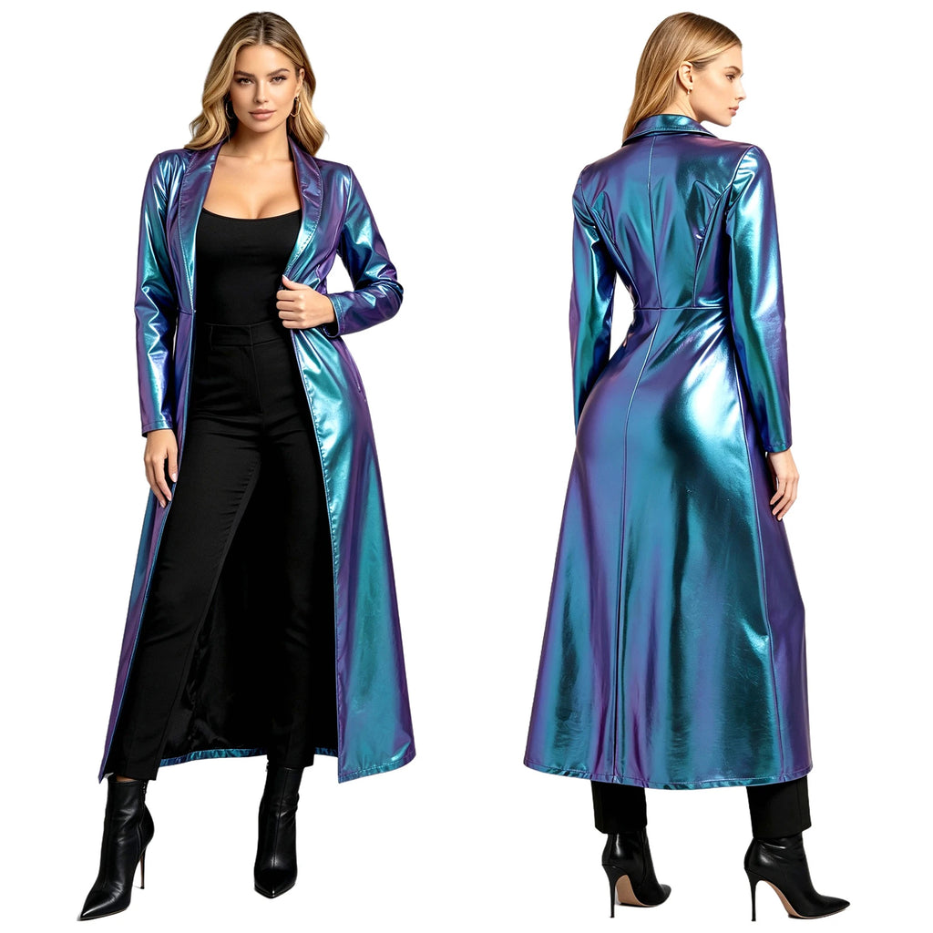 Womens Metallic Trench Coat Turn-down Collar Long–sleeve One Button Gothic Retro Jacket Outerwear Rave Party Clubwear Streetwear