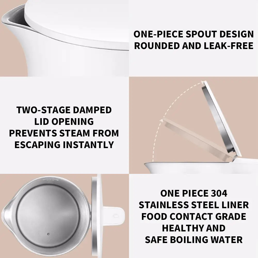 Weißer Xiaomi Mijia Smart Kettle 2 Pro Elektro-Wasserkocher mit Edelstahl-Innenraum und Ausgussdesign in einem Stück.