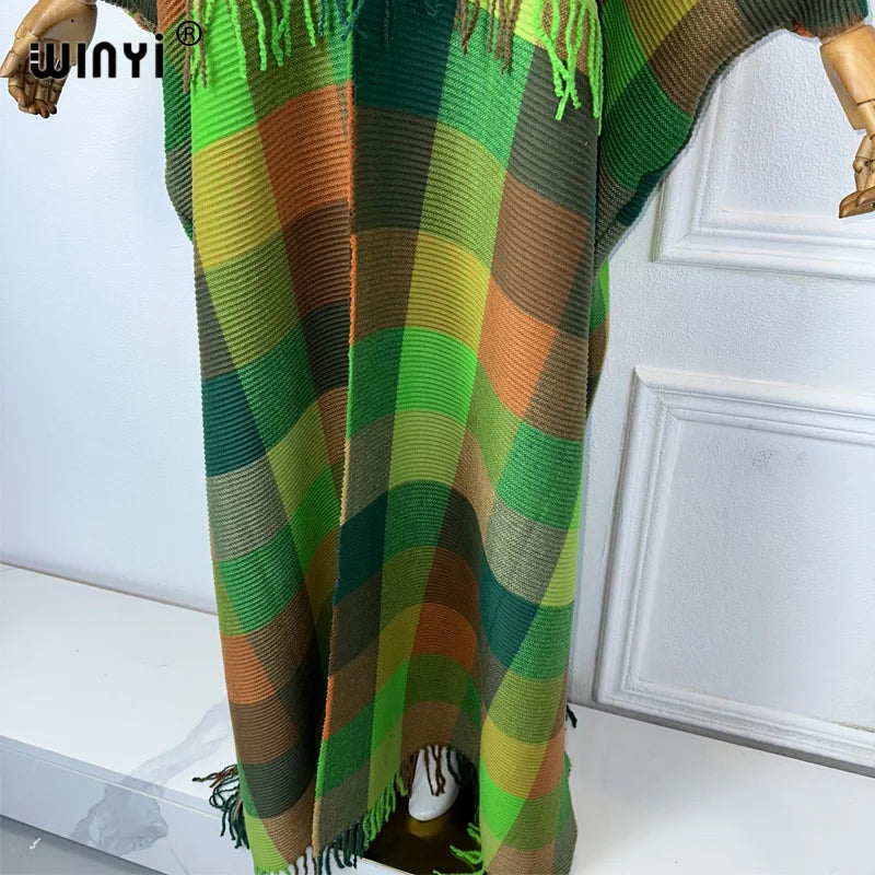 WINYI winter african dresses for woman Plaid print Pleated long down Cardigan kaftan autumn tassels kimono abaya evening dress
