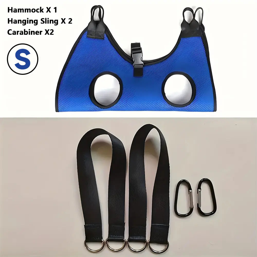 Hamaca de aseo para mascotas de malla azul con ribete negro, perforaciones circulares y hebilla central para un ajuste ajustable, diseñada como un ayudante para el recorte de uñas.