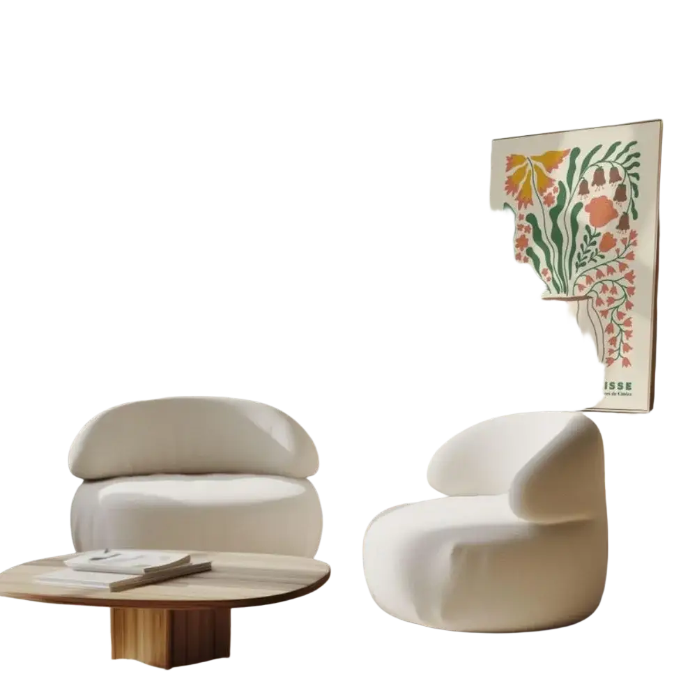 Two off-white cloud-shaped armchairs in a minimalist living room with 2 frameless matisse flowers wall prints