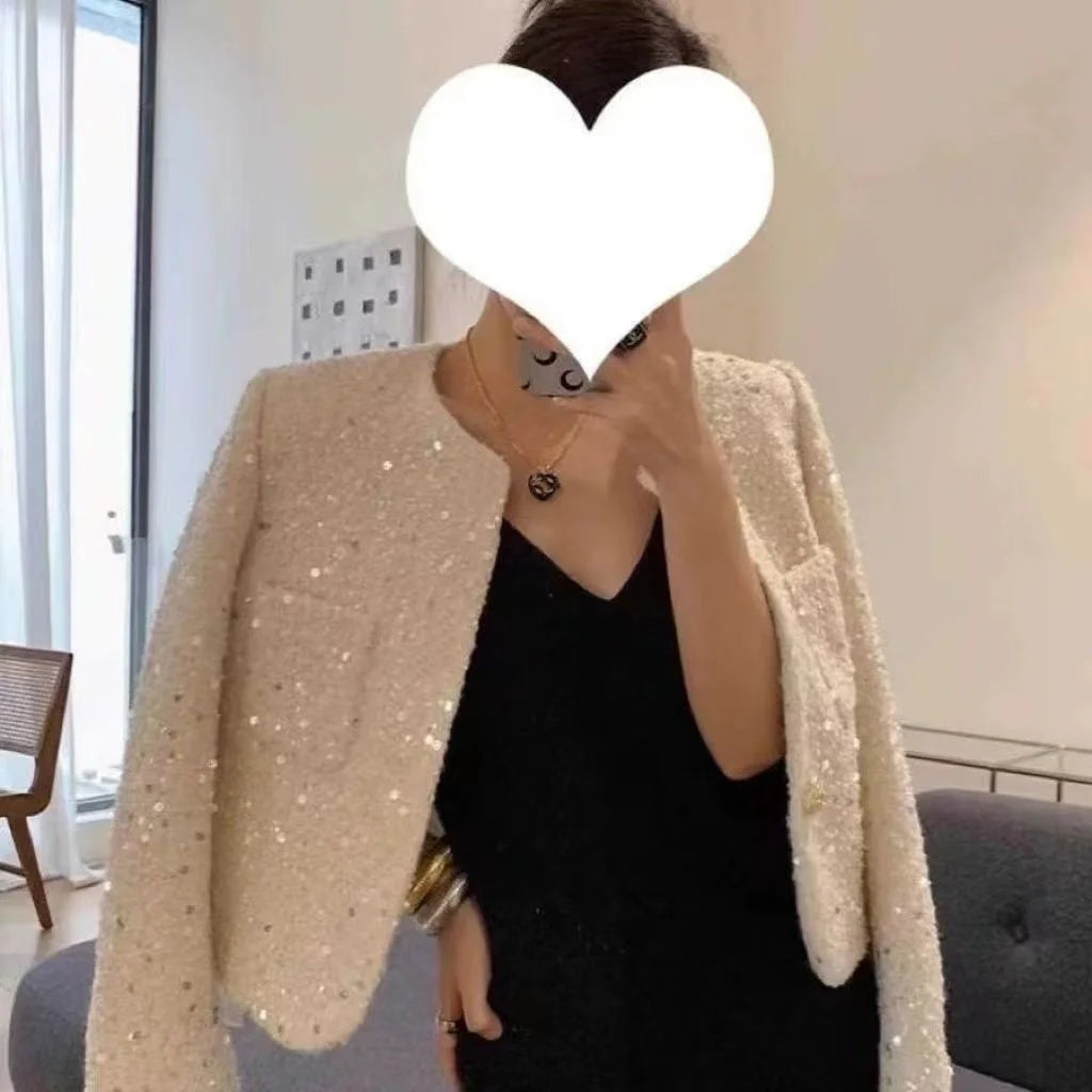 Women Chic Sequins Sweet Tweed Jacket Elegant Long Sleeve Slim Coat Fashion O-Neck Spring Autumn All Match New Tops
