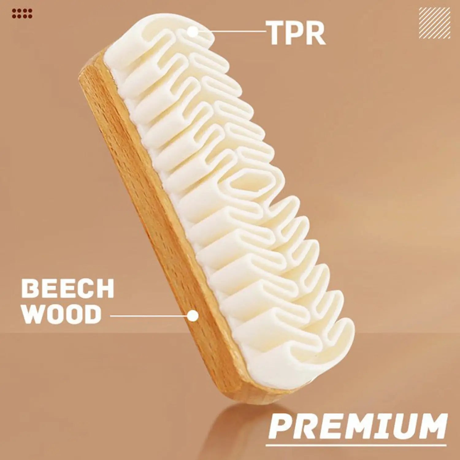 Cepillo de limpieza para interior de coche de ante Alcántara con un mango de madera de haya natural de alta calidad y cerdas blancas de TPR.