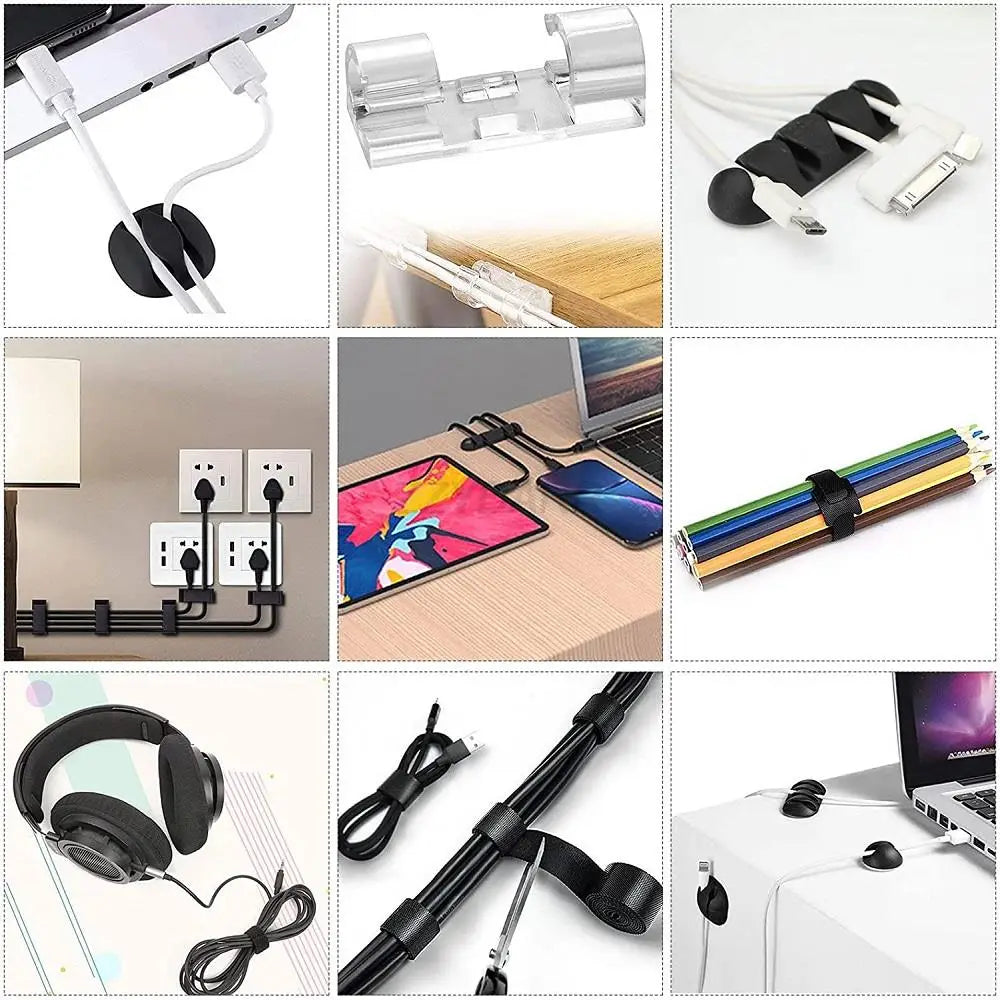 Black elastic cable tie with looped end for securing cords and wires included in the 173 piece cable management kit and cord organizer.